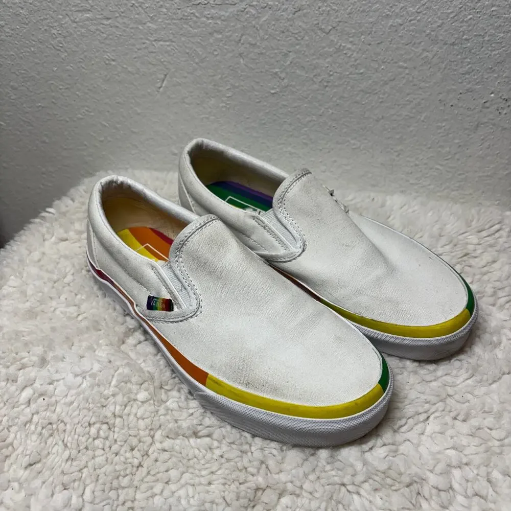 Vans Classic Slip On Shoes 5.5M 7W True White Rainbow Foxing Canvas Casual Skate